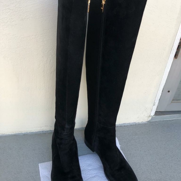 Women's Black Suede low heeled, knee-high boots - Picture 6 of 8